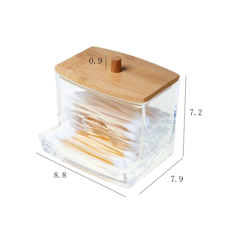 Transparent Cotton Swab Storage Box with Bamboo Lid – Elegant Organizer for Cotton Buds & Toothpicks