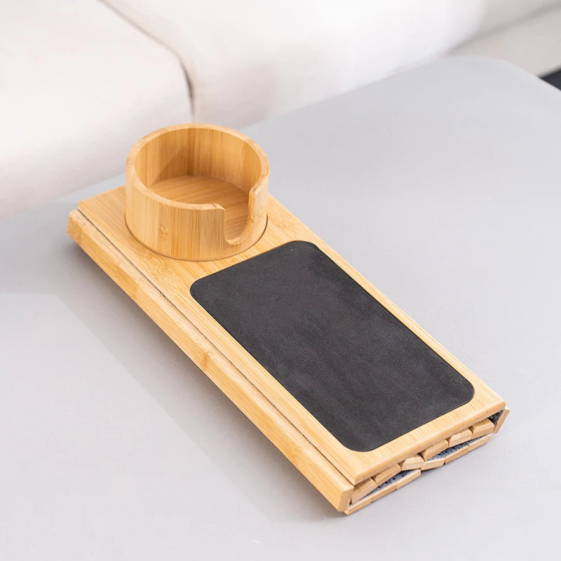 Natural Bamboo Sofa Armrest Tray – Foldable Anti-Slip Cup Holder for Drinks, Remotes & Snacks