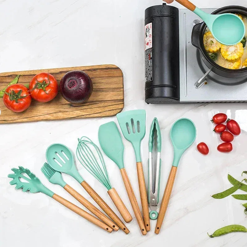 12-Piece Silicone Kitchen Utensil Set with Bamboo Handles – Heat Resistant & Nonstick-Friendly
