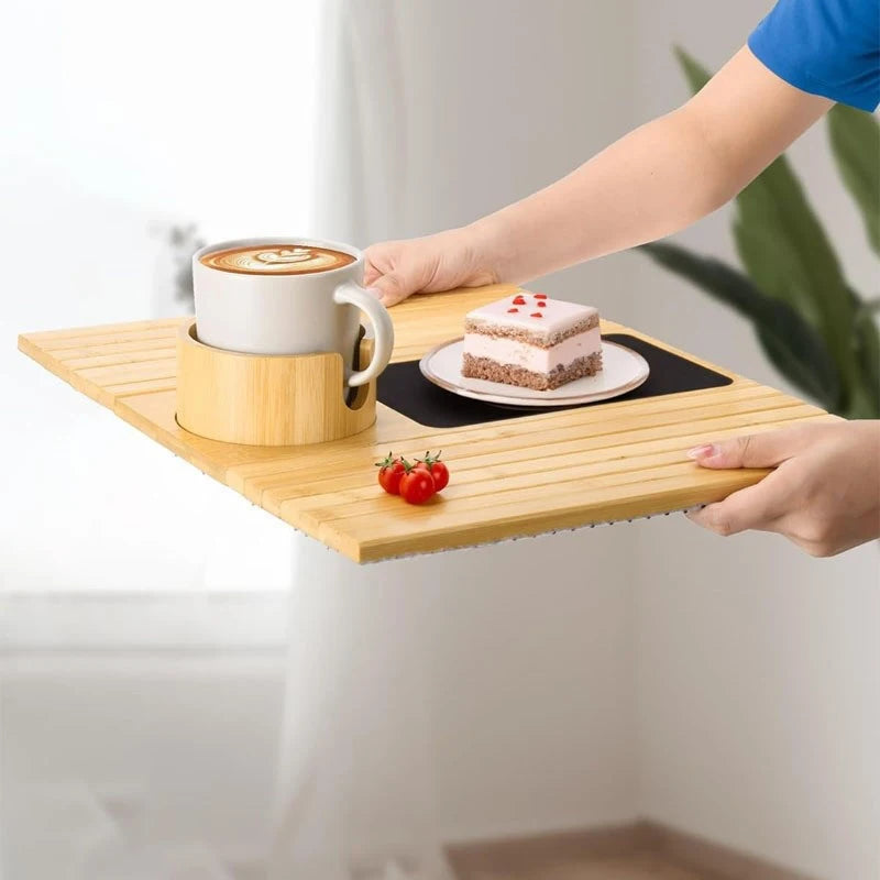Natural Bamboo Sofa Armrest Tray – Foldable Anti-Slip Cup Holder for Drinks, Remotes & Snacks