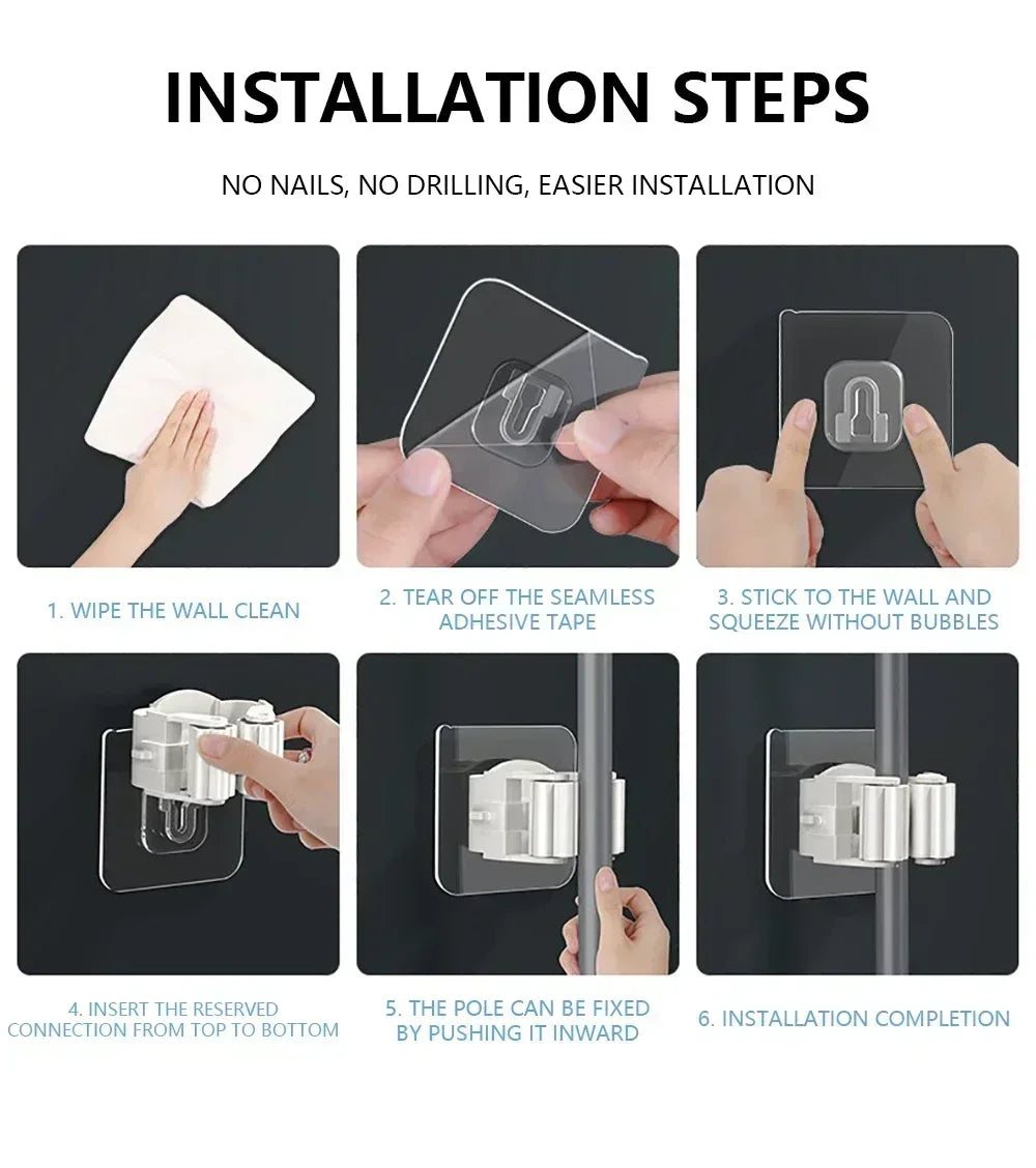 Self-Adhesive Mop & Broom Holder – Wall Mounted Organizer | Strong Waterproof No-Drill Storage Hook for Kitchen & Bathroom