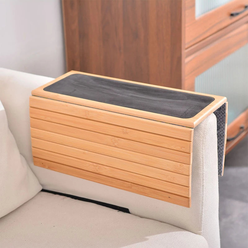 Natural Bamboo Sofa Armrest Tray – Foldable Anti-Slip Cup Holder for Drinks, Remotes & Snacks
