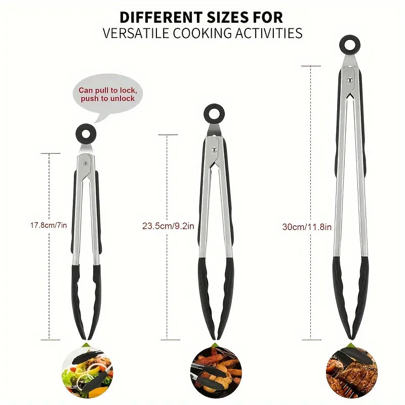 Premium Stainless Steel Kitchen Tongs with Silicone Tips – Heavy Duty, Heat Resistant & Locking Grip (3 Sizes Available)
