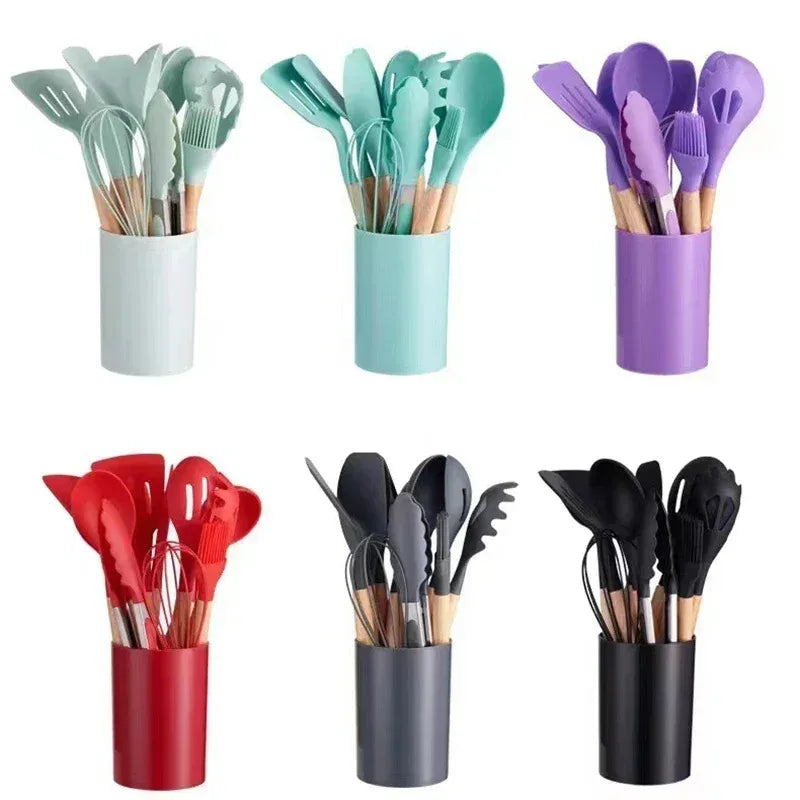 12-Piece Silicone Kitchen Utensil Set with Bamboo Handles – Heat Resistant & Nonstick-Friendly