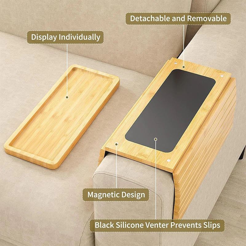 Natural Bamboo Sofa Armrest Tray – Foldable Anti-Slip Cup Holder for Drinks, Remotes & Snacks