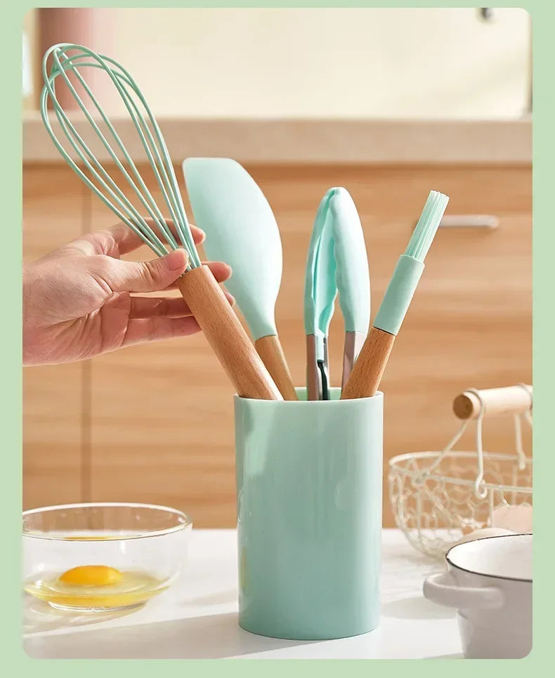 12-Piece Silicone Kitchen Utensil Set with Bamboo Handles – Heat Resistant & Nonstick-Friendly