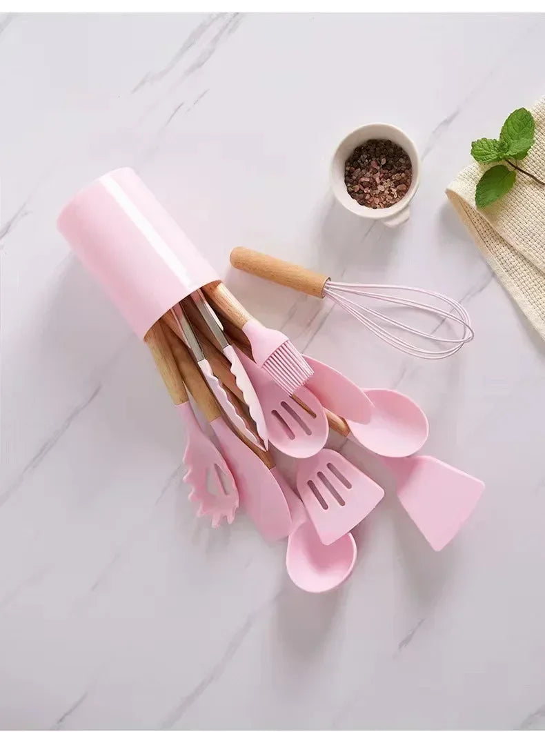 12-Piece Silicone Kitchen Utensil Set with Bamboo Handles – Heat Resistant & Nonstick-Friendly