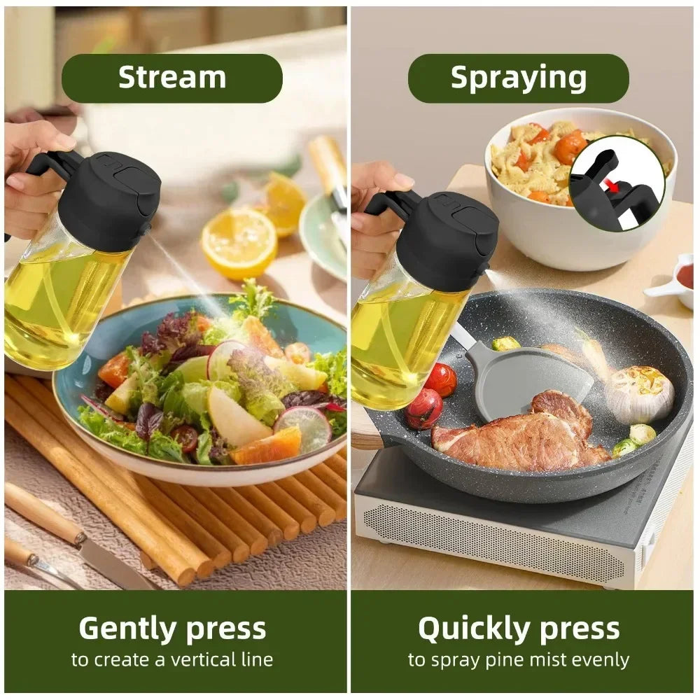2-in-1 Oil & Seasoning Dispenser with Spray, Pour Spout & 2 Brushes – Kitchen Essential