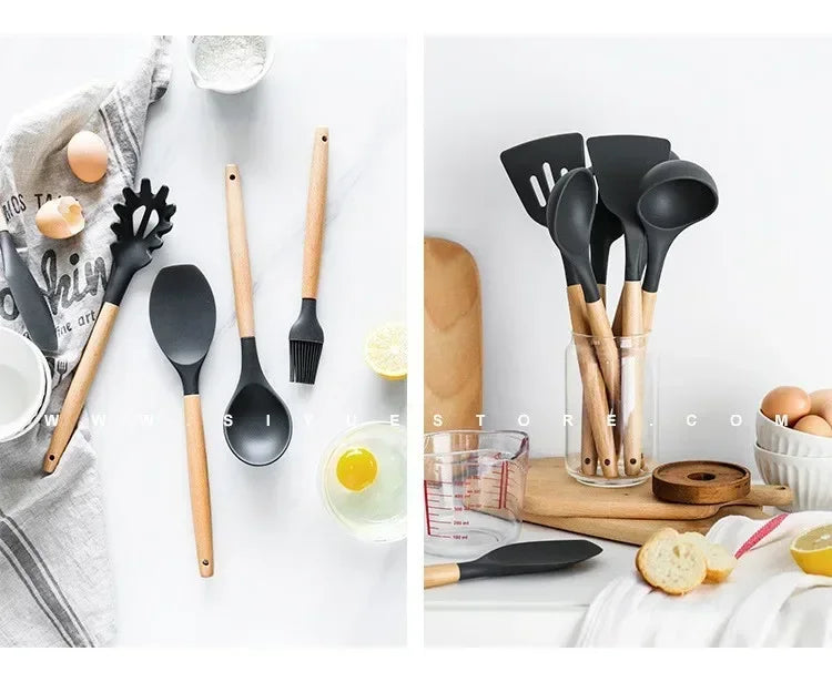 12-Piece Silicone Kitchen Utensil Set with Bamboo Handles – Heat Resistant & Nonstick-Friendly