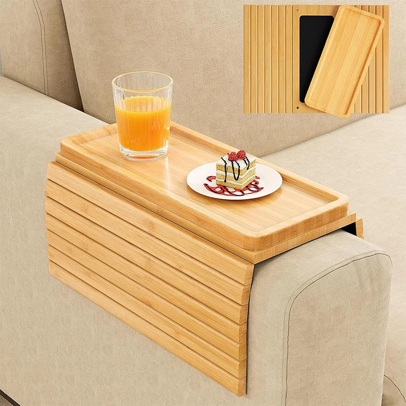 Natural Bamboo Sofa Armrest Tray – Foldable Anti-Slip Cup Holder for Drinks, Remotes & Snacks
