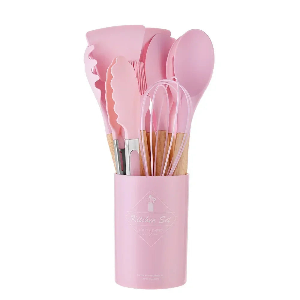 12-Piece Silicone Kitchen Utensil Set with Bamboo Handles – Heat Resistant & Nonstick-Friendly