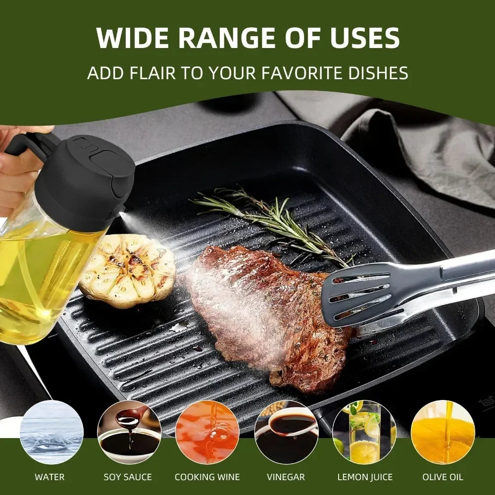 2-in-1 Oil & Seasoning Dispenser with Spray, Pour Spout & 2 Brushes – Kitchen Essential
