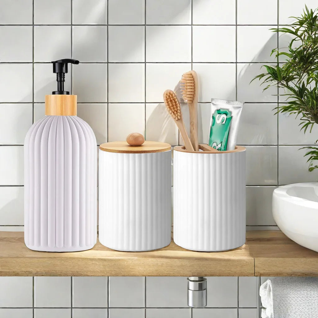 3-in-1 Bathroom Counter Organizer – Soap Dispenser, Cotton Box & Toothbrush Holder