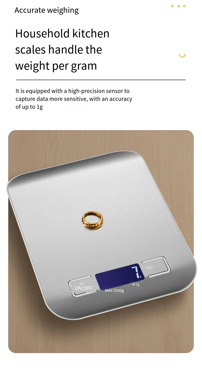 Multifunction Digital Kitchen Scale 5kg with LCD Display, Stainless Steel – High Precision & Waterproof