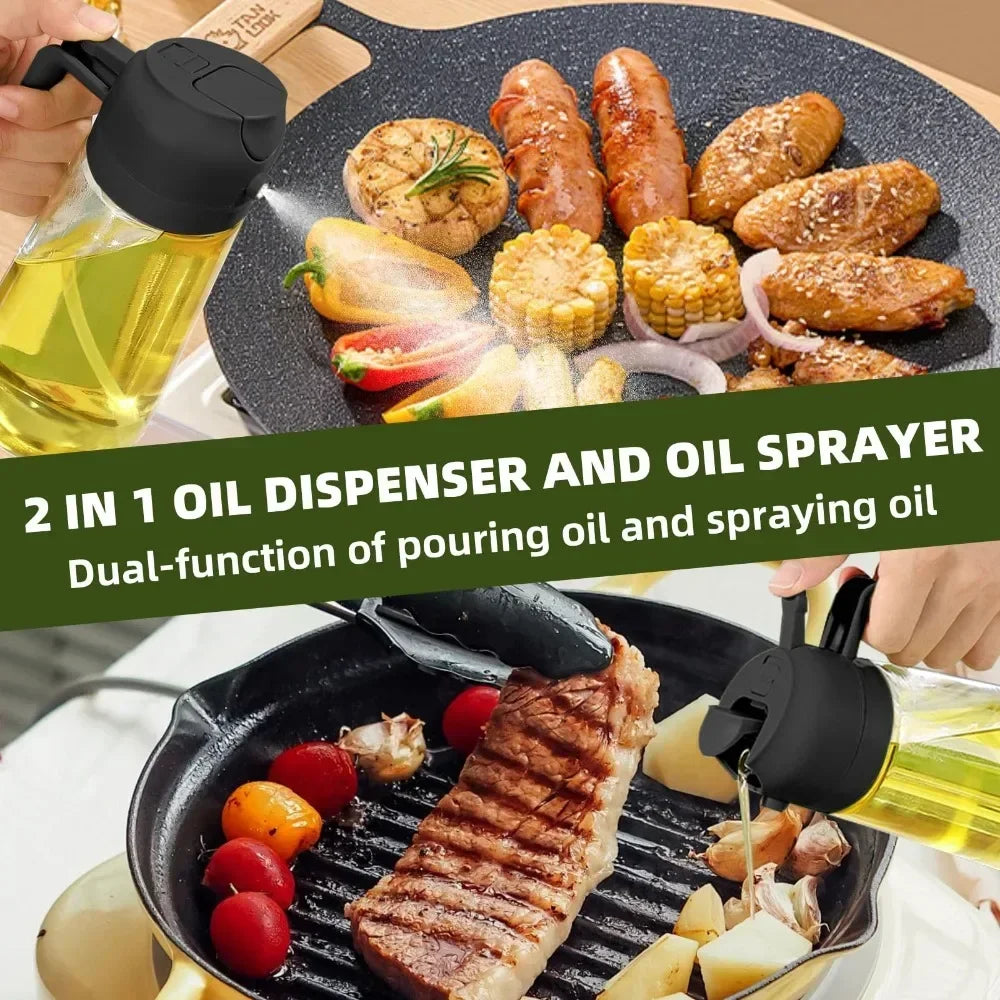 2-in-1 Oil & Seasoning Dispenser with Spray, Pour Spout & 2 Brushes – Kitchen Essential
