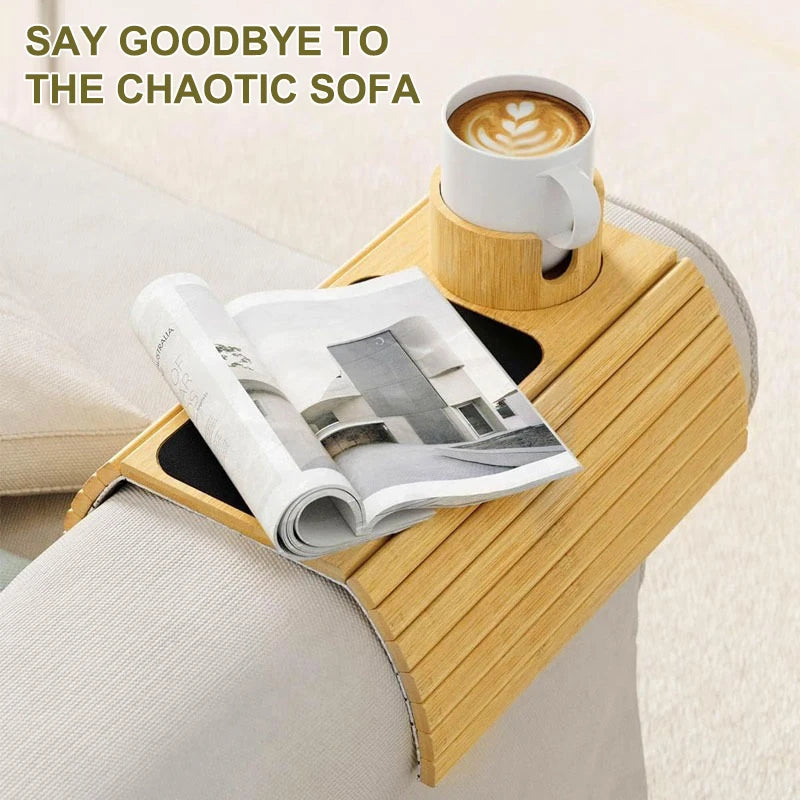 Natural Bamboo Sofa Armrest Tray – Foldable Anti-Slip Cup Holder for Drinks, Remotes & Snacks