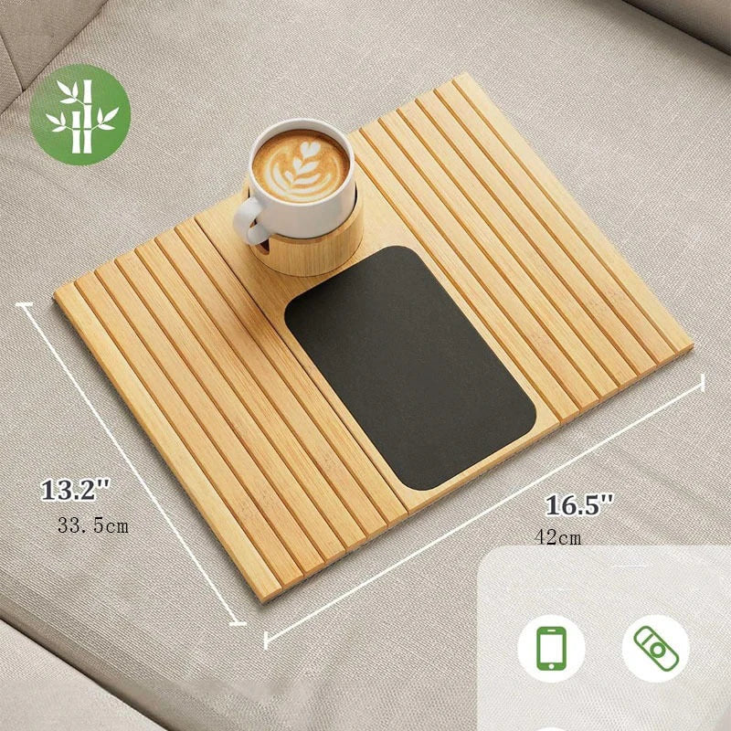 Natural Bamboo Sofa Armrest Tray – Foldable Anti-Slip Cup Holder for Drinks, Remotes & Snacks