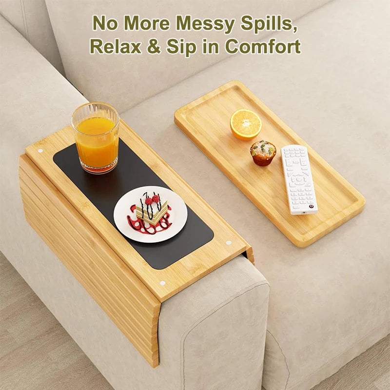 Natural Bamboo Sofa Armrest Tray – Foldable Anti-Slip Cup Holder for Drinks, Remotes & Snacks