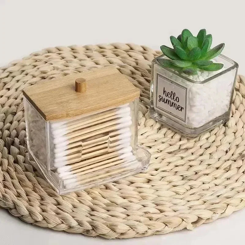 Transparent Cotton Swab Storage Box with Bamboo Lid – Elegant Organizer for Cotton Buds & Toothpicks