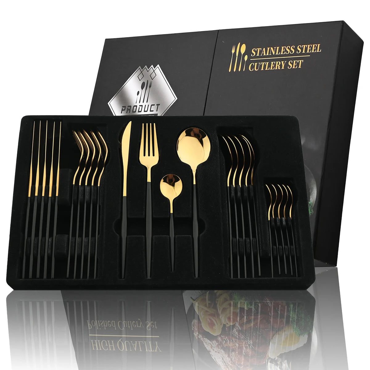 24-Piece Cutlery Set | Black Handles with Gold Accents | Elegant Dinnerware & Gift Set