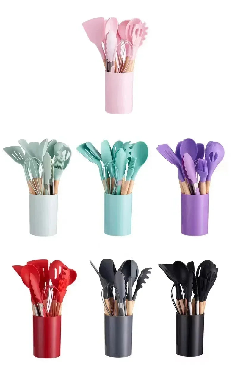 12-Piece Silicone Kitchen Utensil Set with Bamboo Handles – Heat Resistant & Nonstick-Friendly