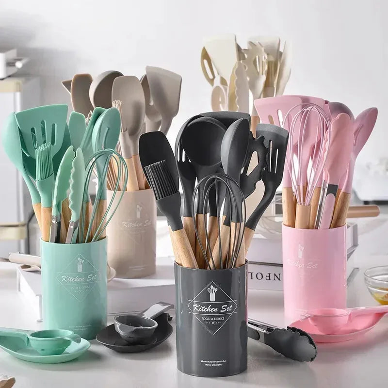 12-Piece Silicone Kitchen Utensil Set with Bamboo Handles – Heat Resistant & Nonstick-Friendly
