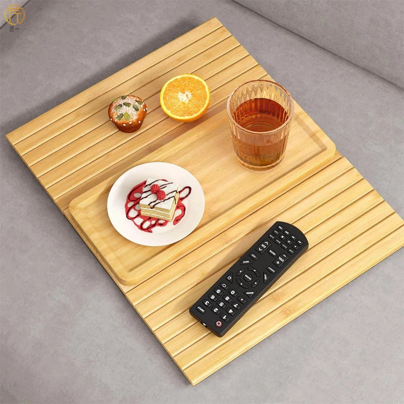 Natural Bamboo Sofa Armrest Tray – Foldable Anti-Slip Cup Holder for Drinks, Remotes & Snacks