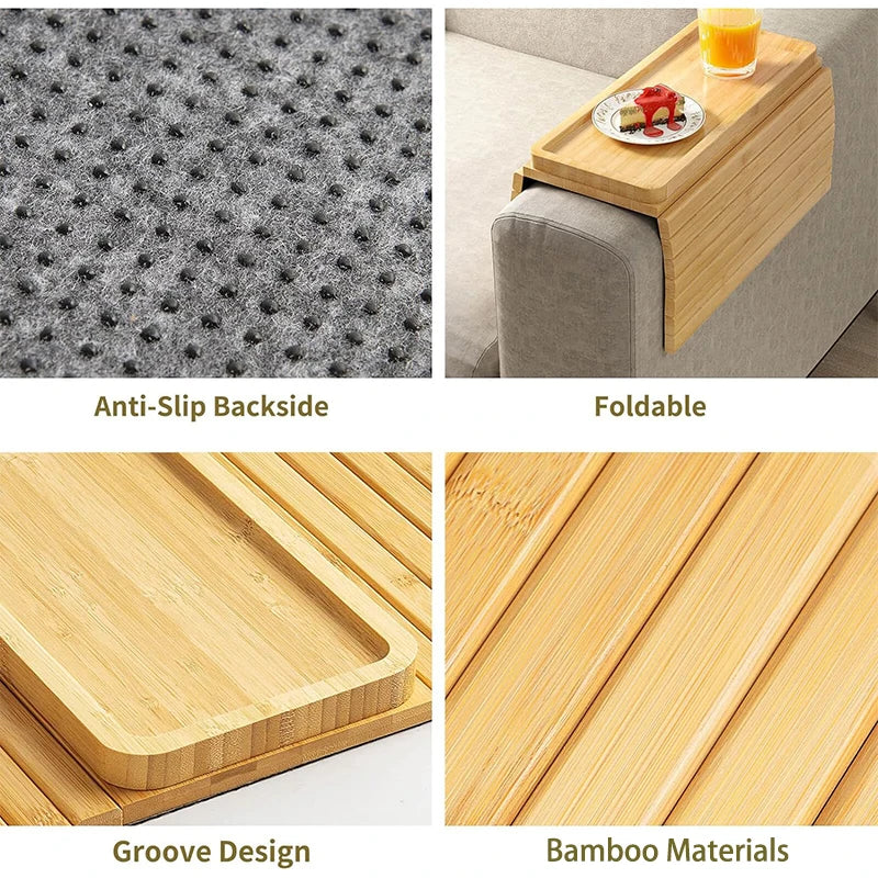 Natural Bamboo Sofa Armrest Tray – Foldable Anti-Slip Cup Holder for Drinks, Remotes & Snacks