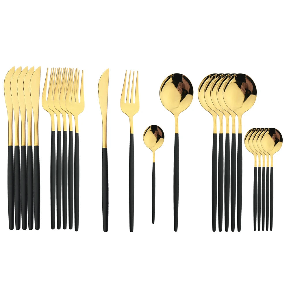24-Piece Cutlery Set | Black Handles with Gold Accents | Elegant Dinnerware & Gift Set