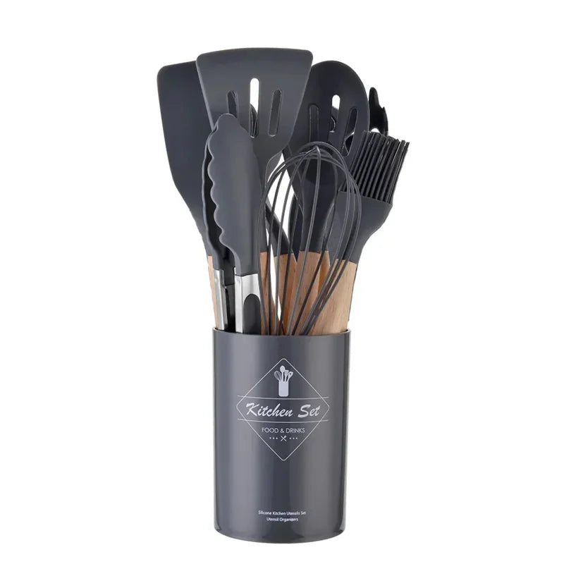 12-Piece Silicone Kitchen Utensil Set with Bamboo Handles – Heat Resistant & Nonstick-Friendly