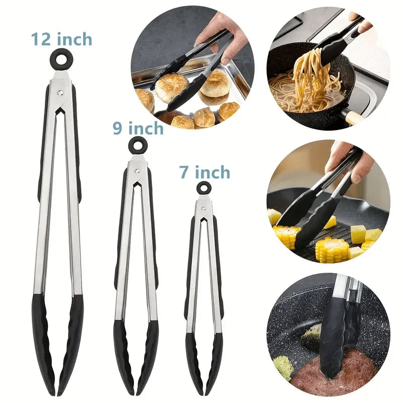 Premium Stainless Steel Kitchen Tongs with Silicone Tips – Heavy Duty, Heat Resistant & Locking Grip (3 Sizes Available)