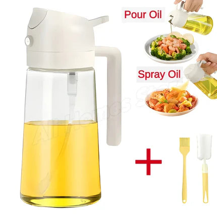 2-in-1 Oil & Seasoning Dispenser with Spray, Pour Spout & 2 Brushes – Kitchen Essential