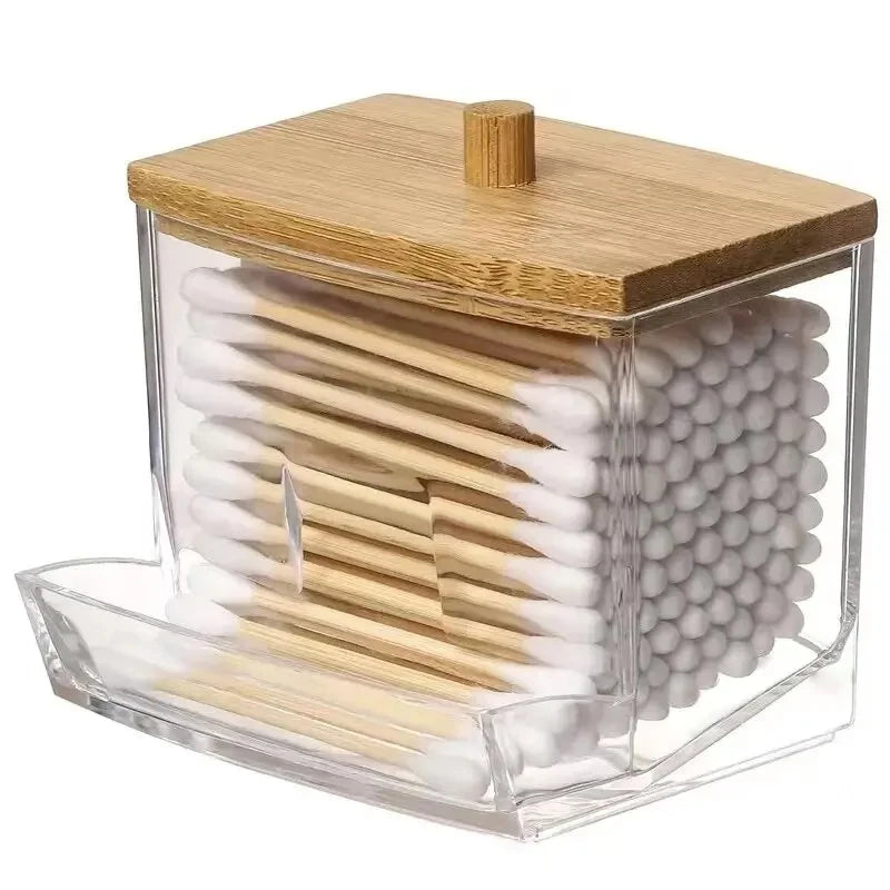 Transparent Cotton Swab Storage Box with Bamboo Lid – Elegant Organizer for Cotton Buds & Toothpicks