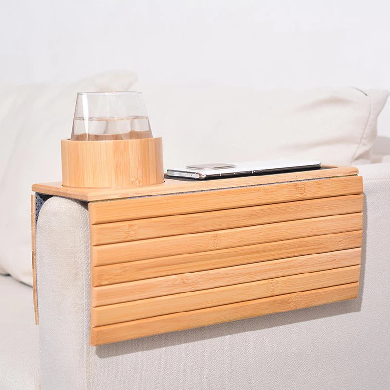 Natural Bamboo Sofa Armrest Tray – Foldable Anti-Slip Cup Holder for Drinks, Remotes & Snacks