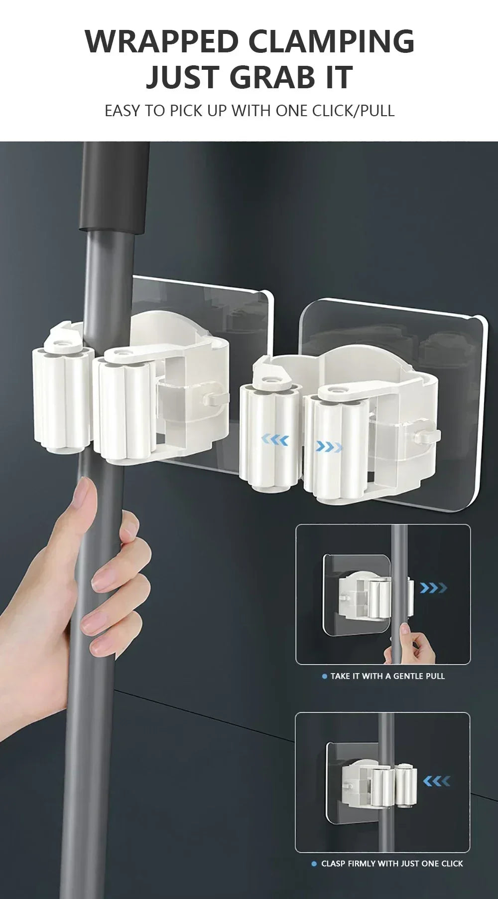 Self-Adhesive Mop & Broom Holder – Wall Mounted Organizer | Strong Waterproof No-Drill Storage Hook for Kitchen & Bathroom