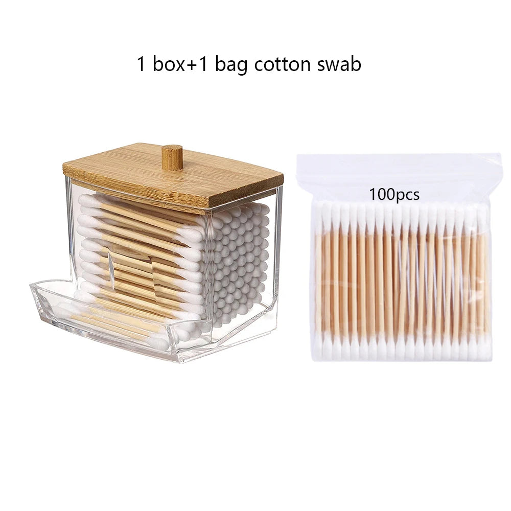 Transparent Cotton Swab Storage Box with Bamboo Lid – Elegant Organizer for Cotton Buds & Toothpicks