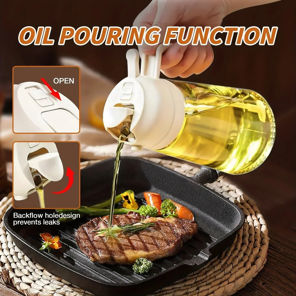 2-in-1 Oil & Seasoning Dispenser with Spray, Pour Spout & 2 Brushes – Kitchen Essential