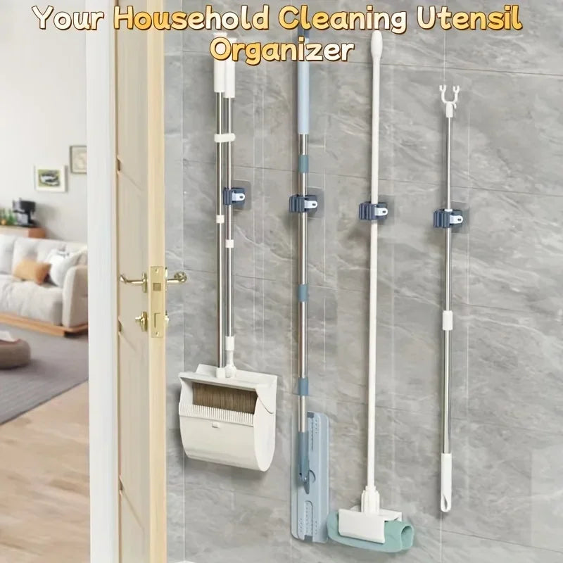 Self-Adhesive Mop & Broom Holder – Wall Mounted Organizer | Strong Waterproof No-Drill Storage Hook for Kitchen & Bathroom