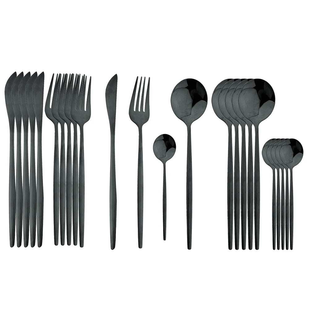 24-Piece Cutlery Set | Black Handles with Gold Accents | Elegant Dinnerware & Gift Set