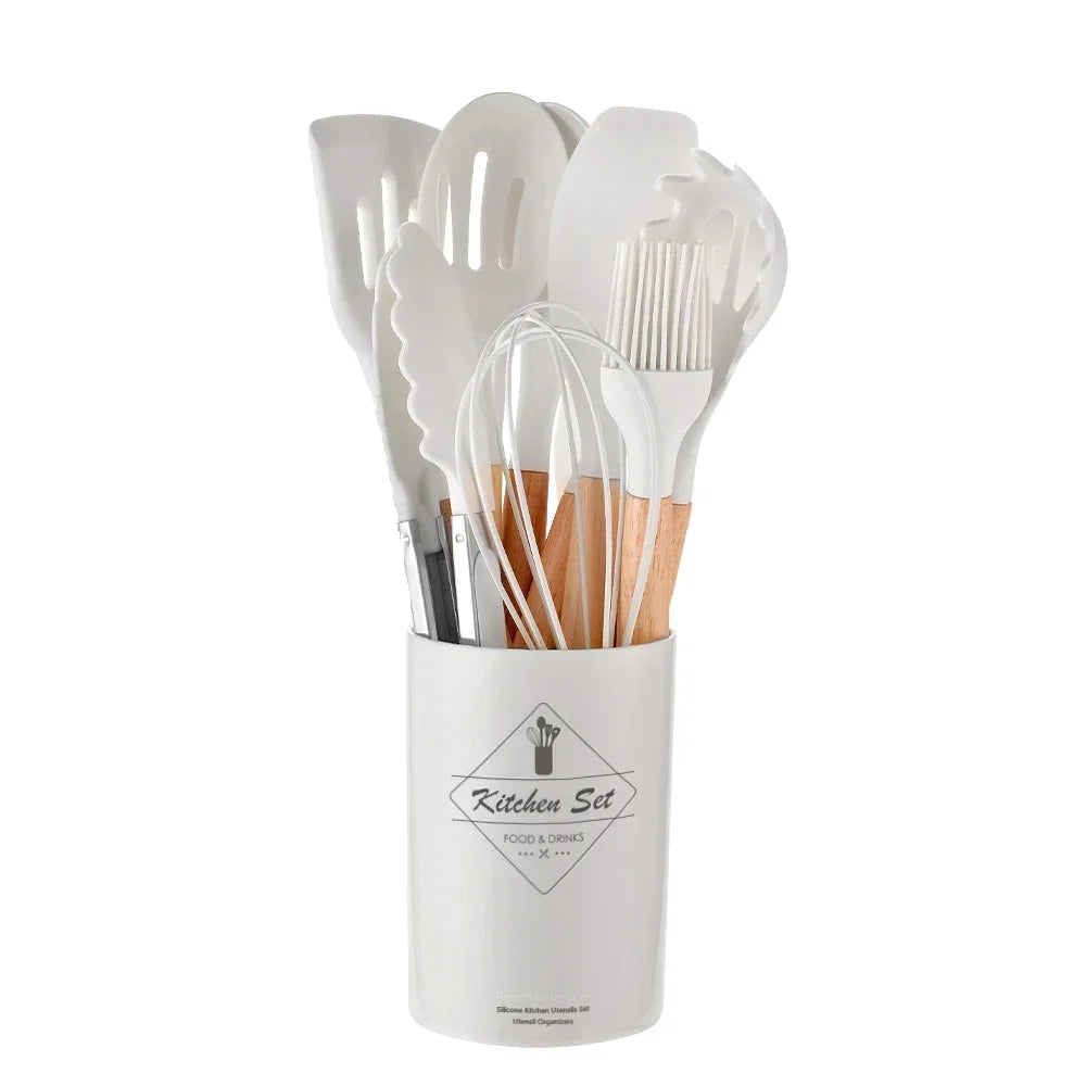 12-Piece Silicone Kitchen Utensil Set with Bamboo Handles – Heat Resistant & Nonstick-Friendly