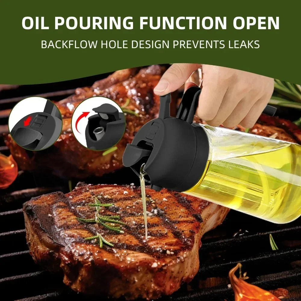 2-in-1 Oil & Seasoning Dispenser with Spray, Pour Spout & 2 Brushes – Kitchen Essential