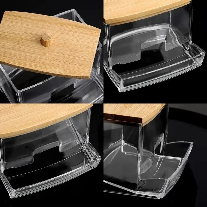 Transparent Cotton Swab Storage Box with Bamboo Lid – Elegant Organizer for Cotton Buds & Toothpicks