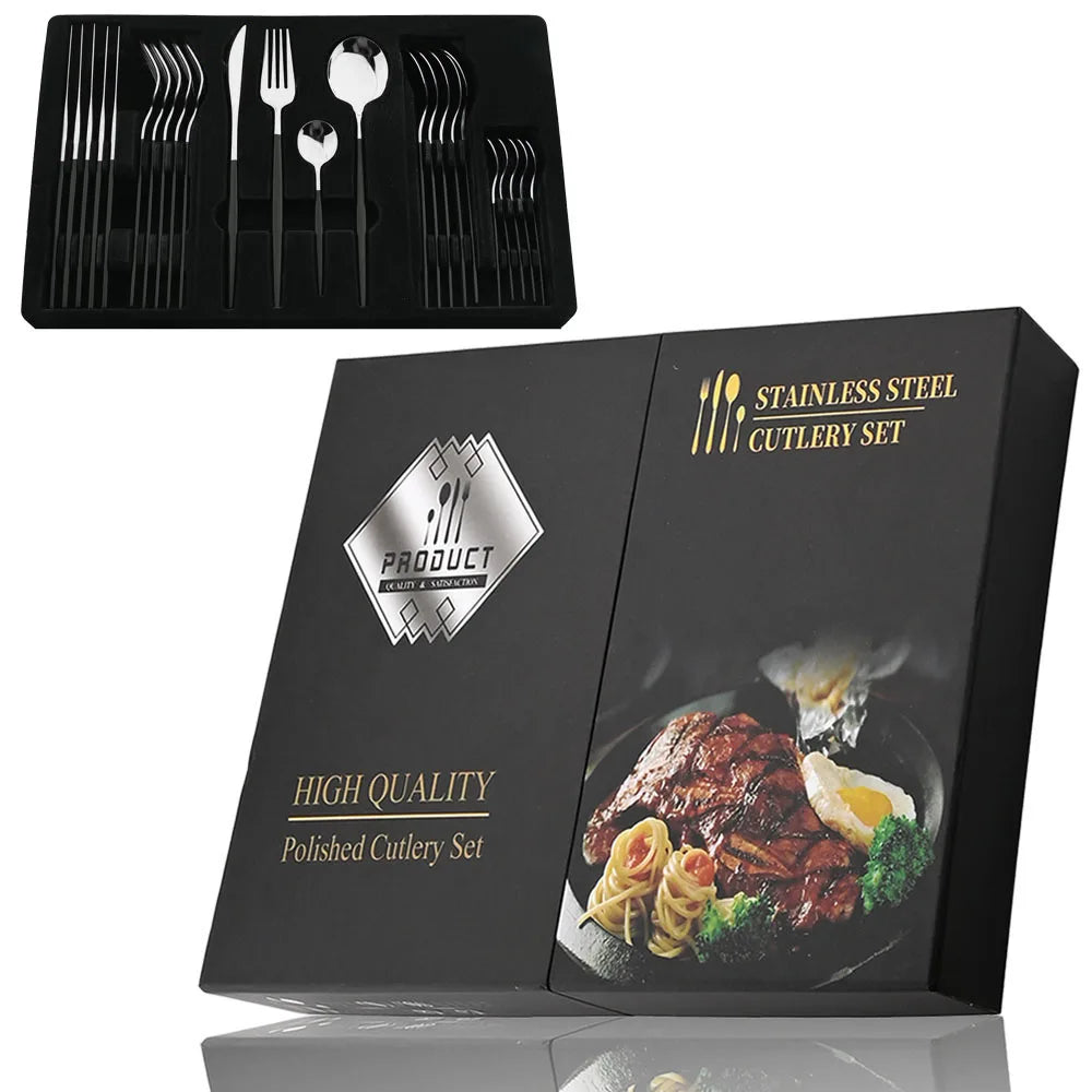 24-Piece Cutlery Set | Black Handles with Gold Accents | Elegant Dinnerware & Gift Set
