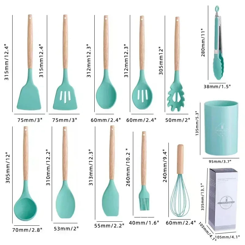 12-Piece Silicone Kitchen Utensil Set with Bamboo Handles – Heat Resistant & Nonstick-Friendly