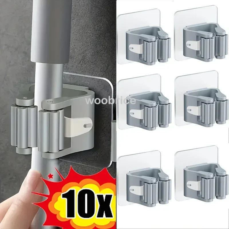 Self-Adhesive Mop & Broom Holder – Wall Mounted Organizer | Strong Waterproof No-Drill Storage Hook for Kitchen & Bathroom
