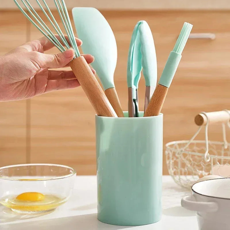 12-Piece Silicone Kitchen Utensil Set with Bamboo Handles – Heat Resistant & Nonstick-Friendly