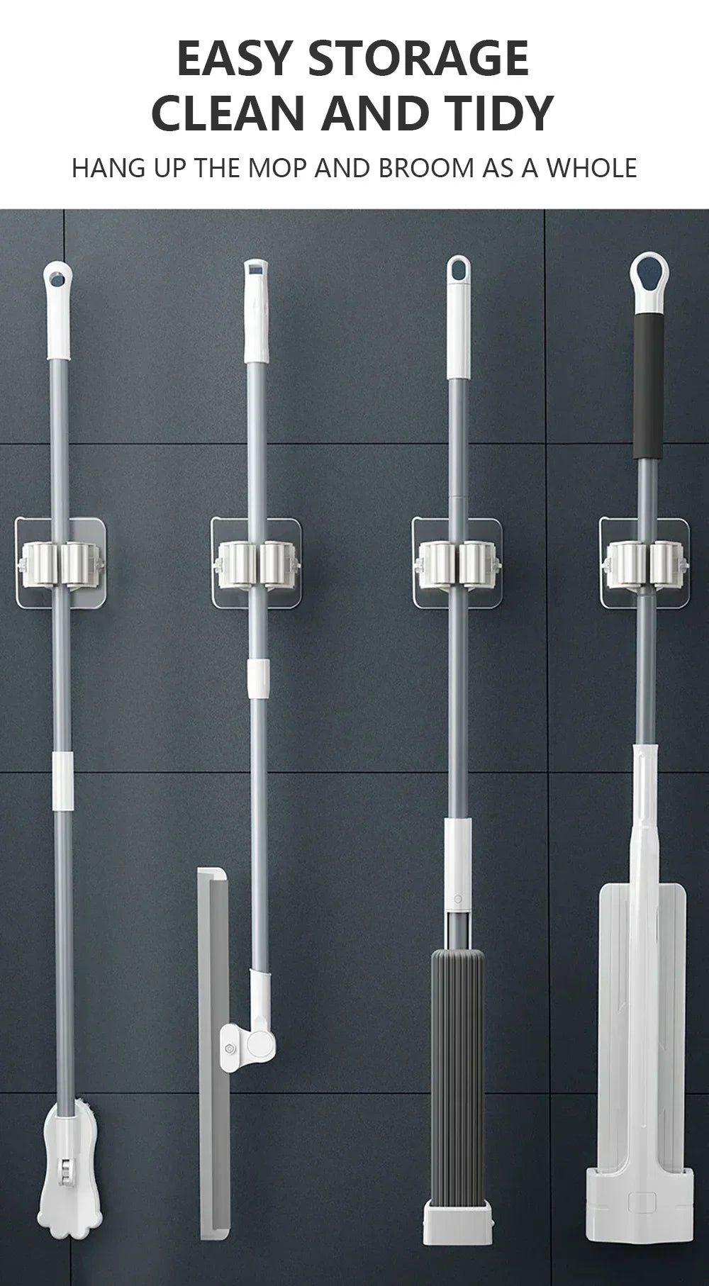 Self-Adhesive Mop & Broom Holder – Wall Mounted Organizer | Strong Waterproof No-Drill Storage Hook for Kitchen & Bathroom