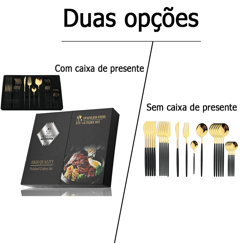 24-Piece Cutlery Set | Black Handles with Gold Accents | Elegant Dinnerware & Gift Set
