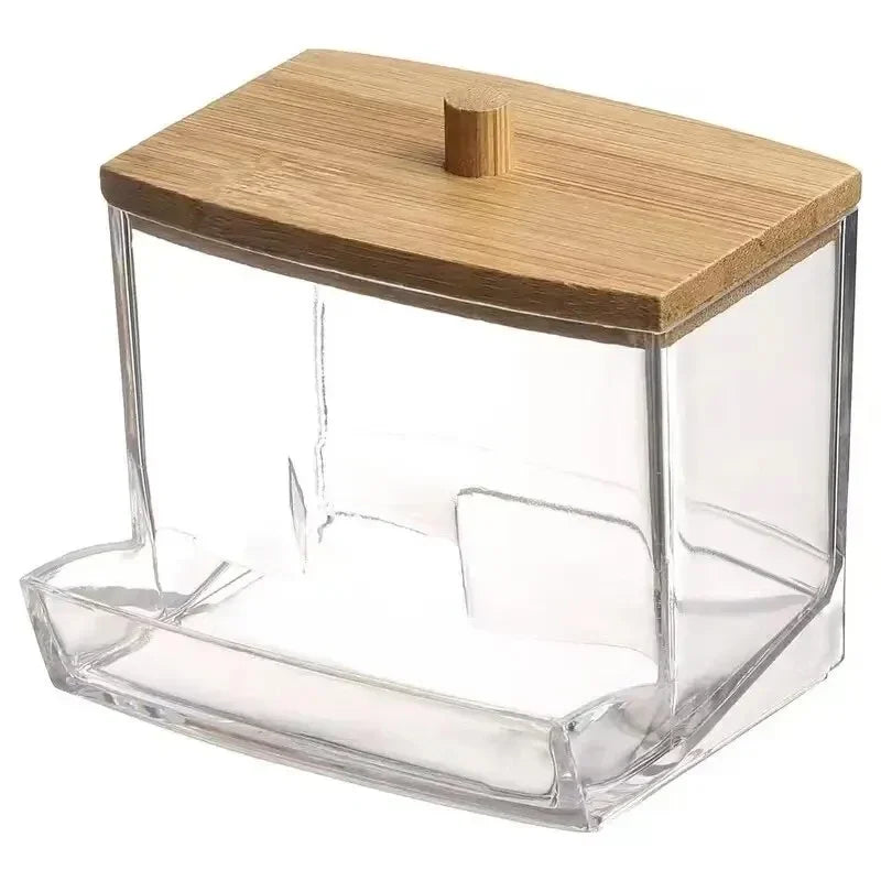 Transparent Cotton Swab Storage Box with Bamboo Lid – Elegant Organizer for Cotton Buds & Toothpicks