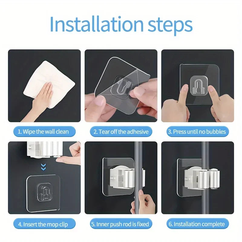 Self-Adhesive Mop & Broom Holder – Wall Mounted Organizer | Strong Waterproof No-Drill Storage Hook for Kitchen & Bathroom